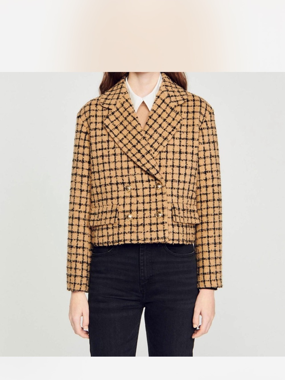 Sandro Camel and Black Checked Cropped Double-Breasted Blazer